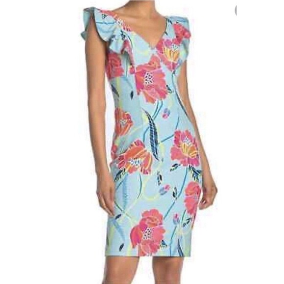 Trina Turk 4 Flutter Sleeve Printed Linzy Dress Sheath‎ Floral Coastal Beach - Picture 2 of 8